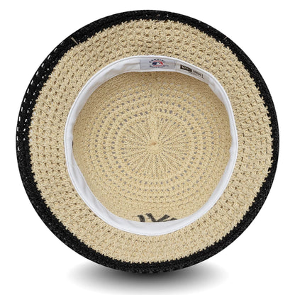 Pictured is this Womens MLB Knitted New York Yankees Explorer Bucket hat in light beige. 5