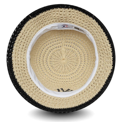 New Era New York Yankees Womens MLB Knitted Light Beige Explorer Bucket Hat, inside view showing the intricate knitted pattern on the crown, a white inner sweatband, and the contrasting black edge detail around the visor.