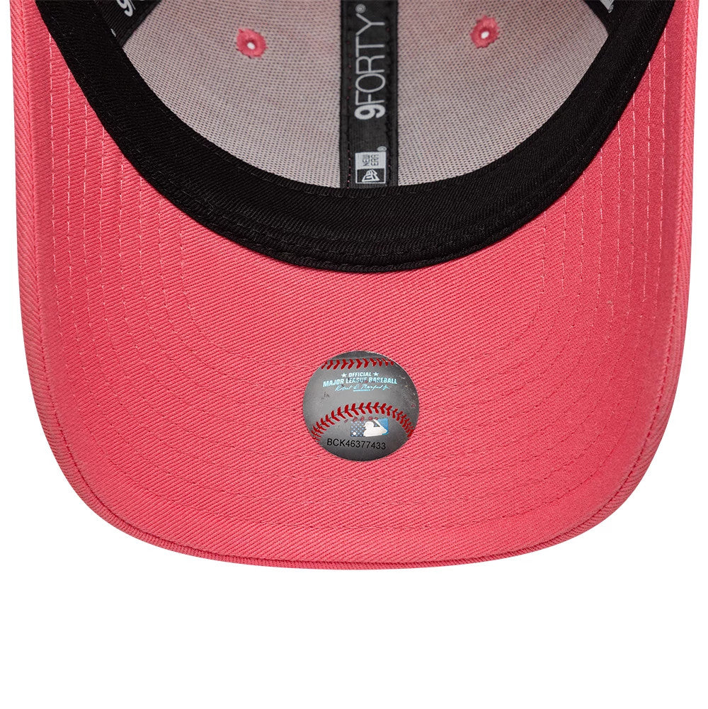 LA Dodgers Youth MLB League Essential Pink New Era 9FORTY Adjustable Cap, inside view showing the black sweatband, grey 9FORTY taping along the seams, and a pink undervisor with a holographic MLB authenticity sticker.