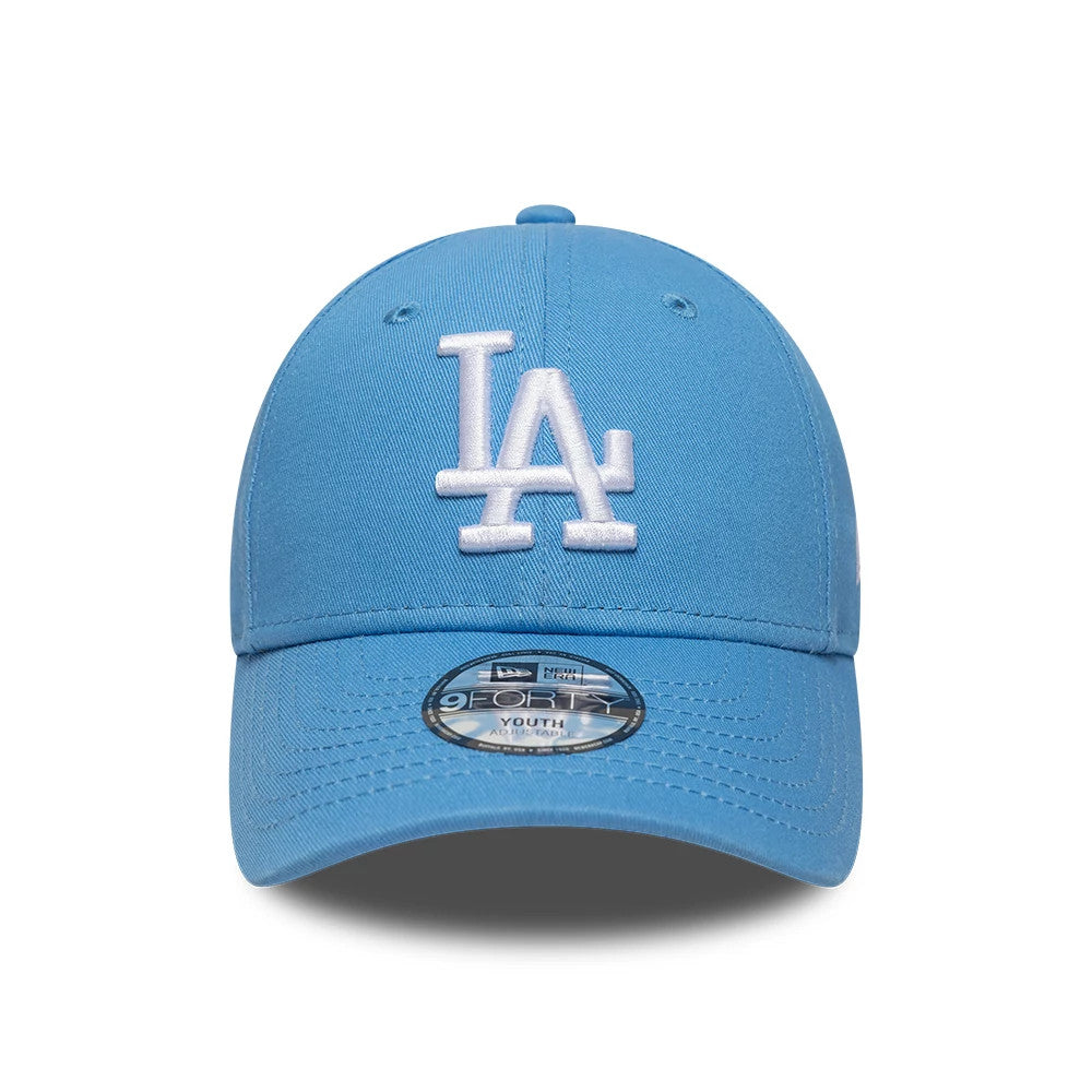 LA Dodgers Youth MLB League Essential Pastel Blue New Era 9FORTY Adjustable Cap, front view showing the white embroidered LA logo on the structured pastel blue crown, a matching curved visor, and a 9FORTY size sticker on the visor.