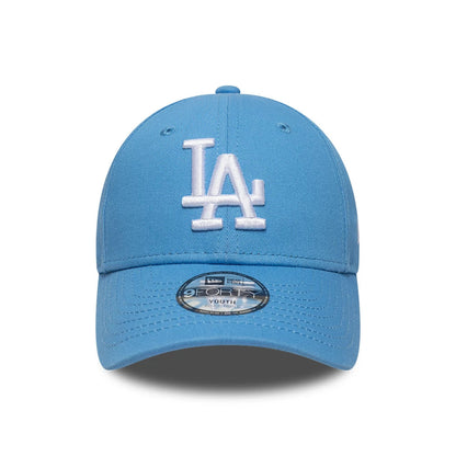 LA Dodgers Youth MLB League Essential Pastel Blue New Era 9FORTY Adjustable Cap, front view showing the white embroidered LA logo on the structured pastel blue crown, a matching curved visor, and a 9FORTY size sticker on the visor.