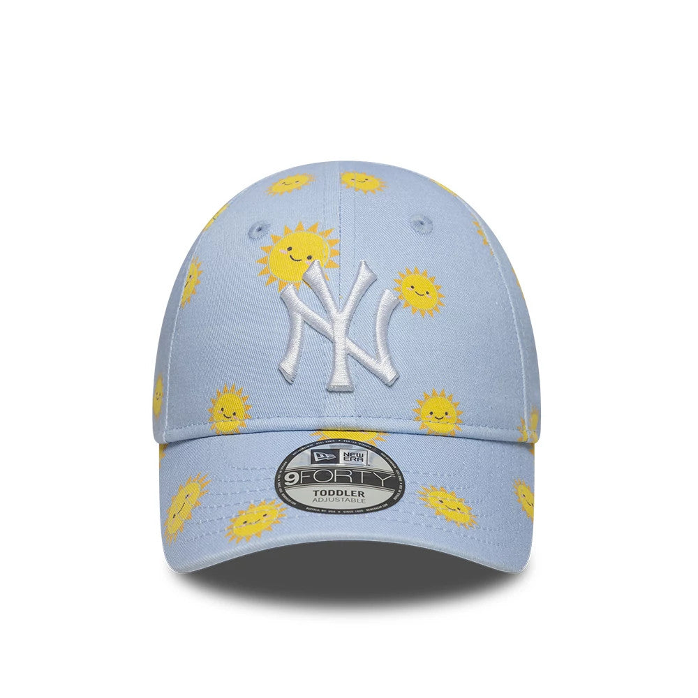 New York Yankees Toddler MLB Summer Pastel Blue New Era 9FORTY Adjustable Cap, front view showing the raised white embroidered Yankees logo on the front panel, with smiling yellow sun graphics.