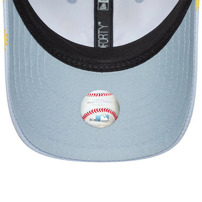 New York Yankees Toddler MLB Summer Pastel Blue New Era 9FORTY Adjustable Cap, inside view showing a light blue undervisor, a detailed MLB baseball sticker, and black taping with a white New Era logo running down the middle.