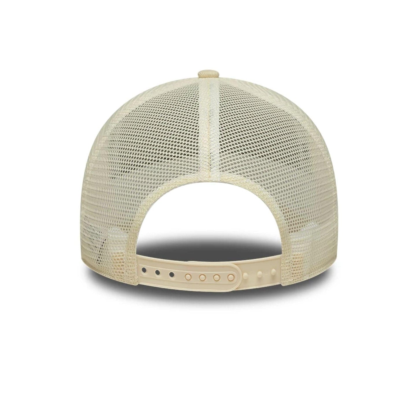 Pictured is this New Era Leather Patch 9FORTY A-Frame Trucker cap in light beige. 4