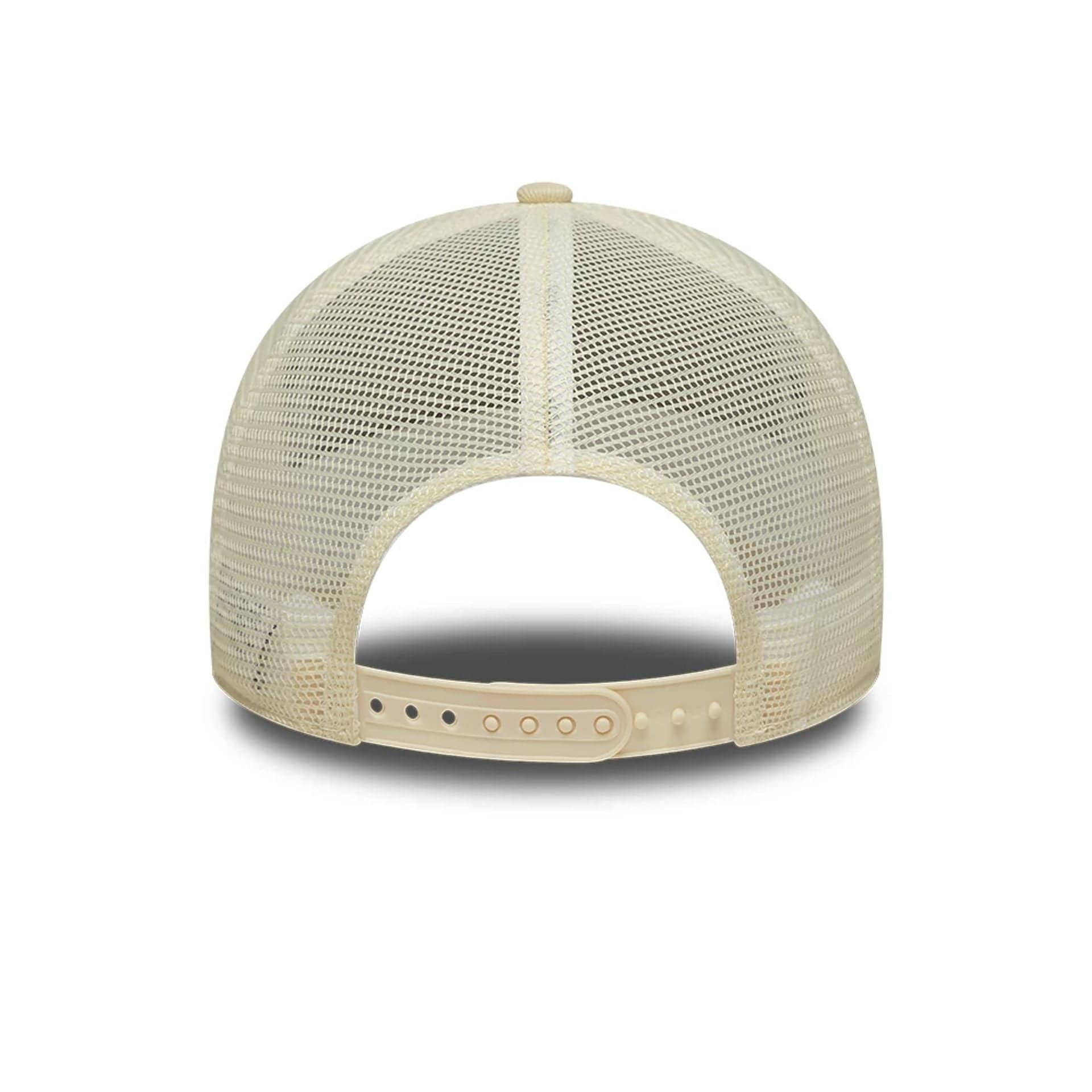 Pictured is this New Era Leather Patch 9FORTY A-Frame Trucker cap in light beige. 4