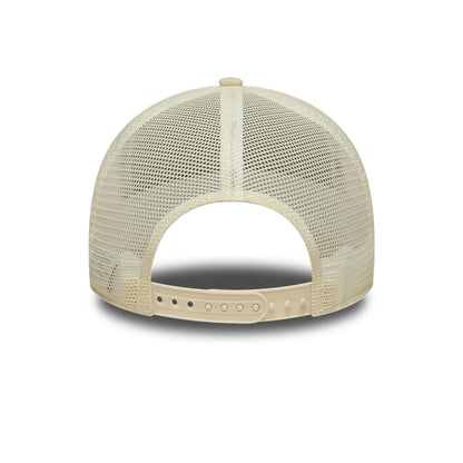 Pictured is this New Era Leather Patch 9FORTY A-Frame Trucker cap in light beige. 4