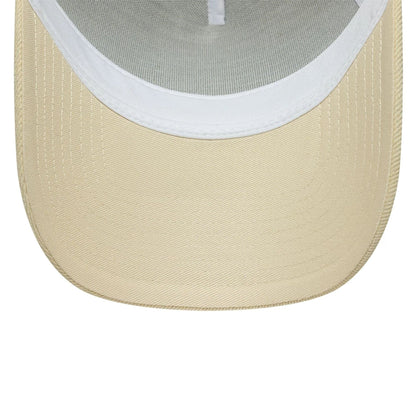 Pictured is this New Era Leather Patch 9FORTY A-Frame Trucker cap in light beige. 5