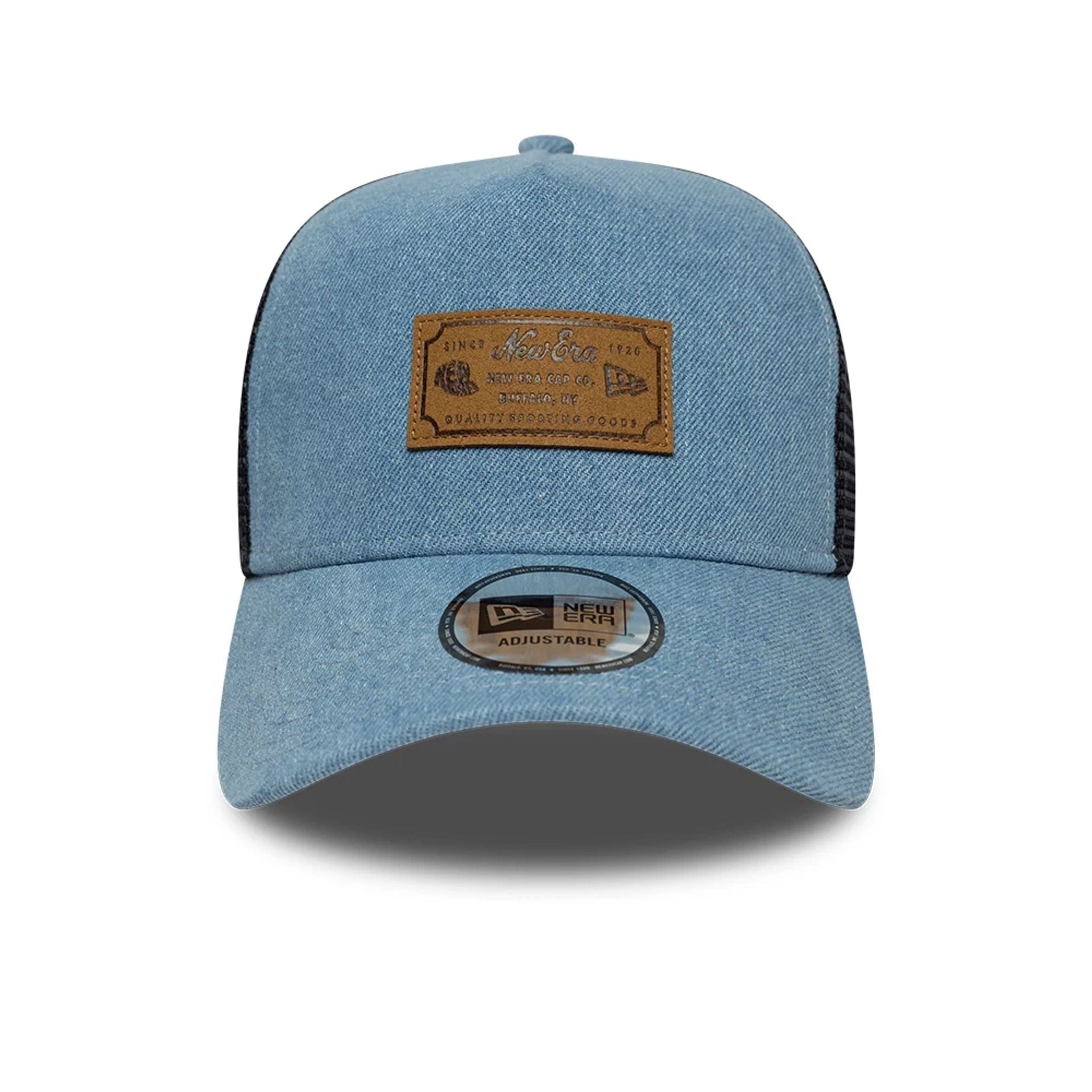 Pictured is this New Era Leather Patch Denim 9FORTY A-Frame Trucker cap in navy. 2