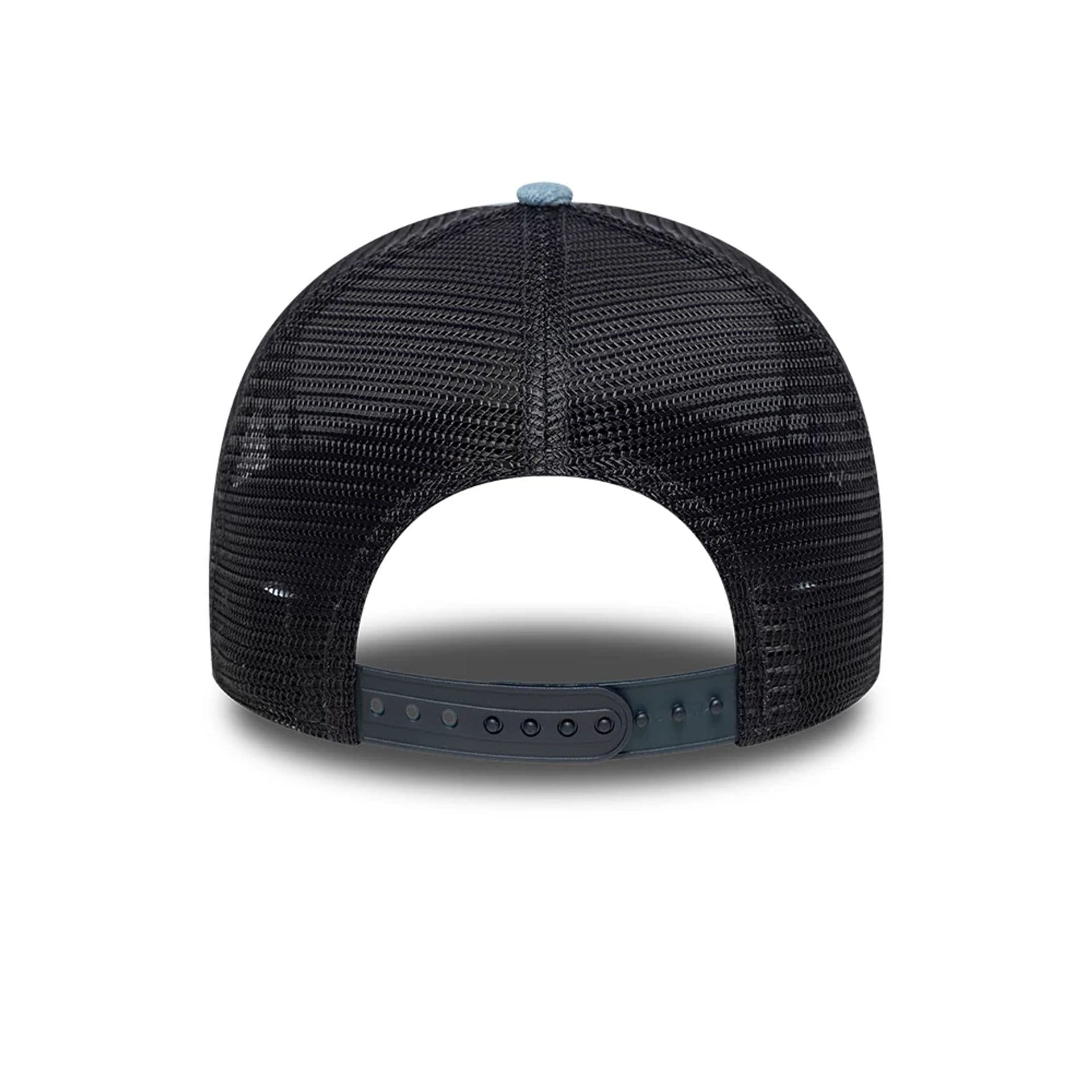 Pictured is this New Era Leather Patch Denim 9FORTY A-Frame Trucker cap in navy. 4
