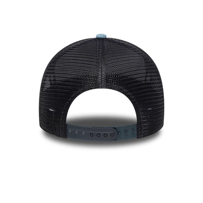 Pictured is this New Era Leather Patch Denim 9FORTY A-Frame Trucker cap in navy. 4