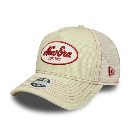 Pictured is this Womens New Era 9FORTY M-Crown A-Frame Trucker cap in Cream. 1