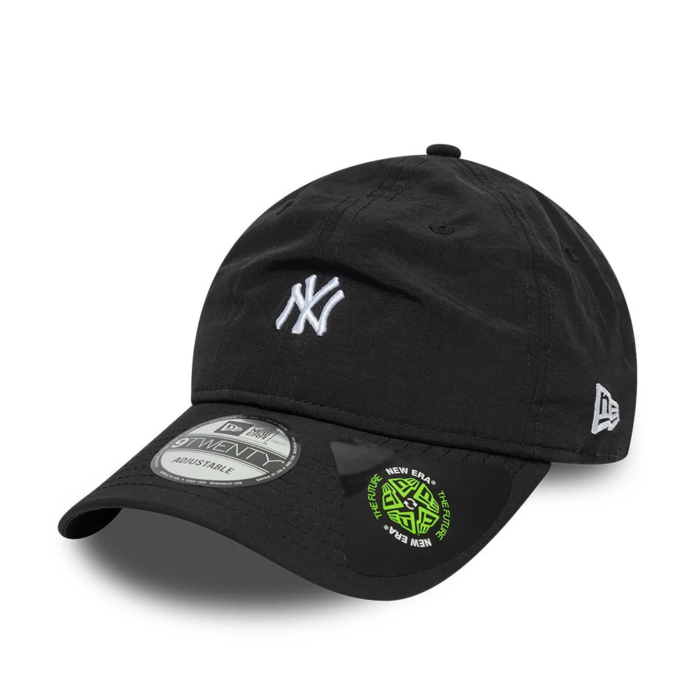New York Yankees MLB Recycled Black New Era 9TWENTY Adjustable Cap, three-quarter view showing the white embroidered NY logo on the front panel, curved black visor with 9TWENTY size sticker, and New Era flag logo on the left side.