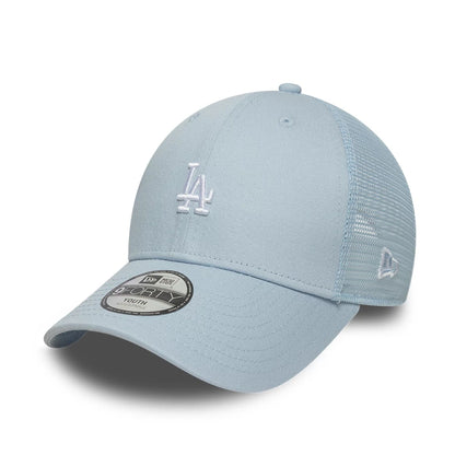 Pictured is this Youth MLB Homefield LA Dodgers 9FORTY Trucker cap in pastel blue. 1