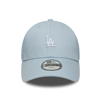 Pictured is this Youth MLB Homefield LA Dodgers 9FORTY Trucker cap in pastel blue. 2