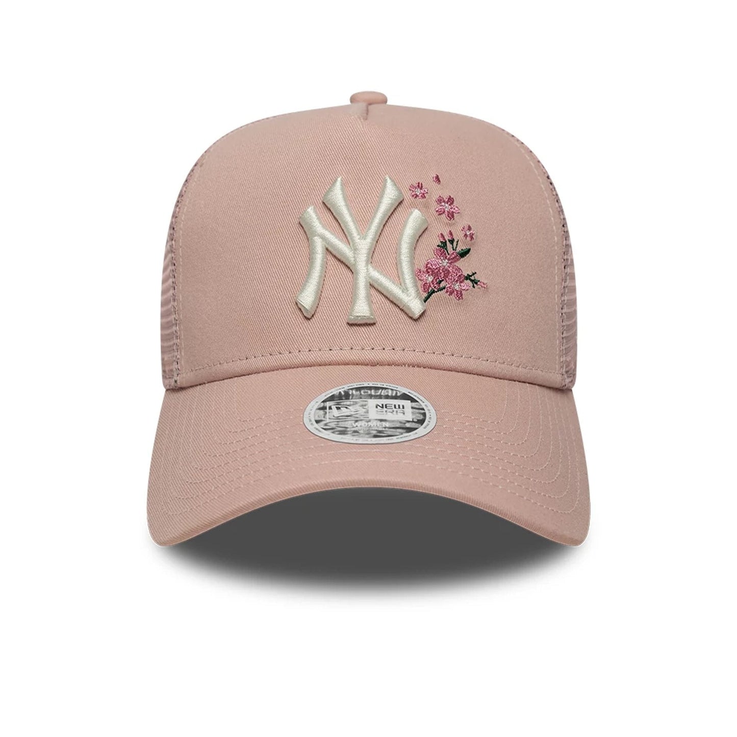 Pictured is this Womens MLB Floral New York Yankees 9FORTY A-Frame Trucker cap in pastel pink. 2
