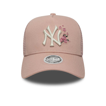 Pictured is this Womens MLB Floral New York Yankees 9FORTY A-Frame Trucker cap in pastel pink. 2