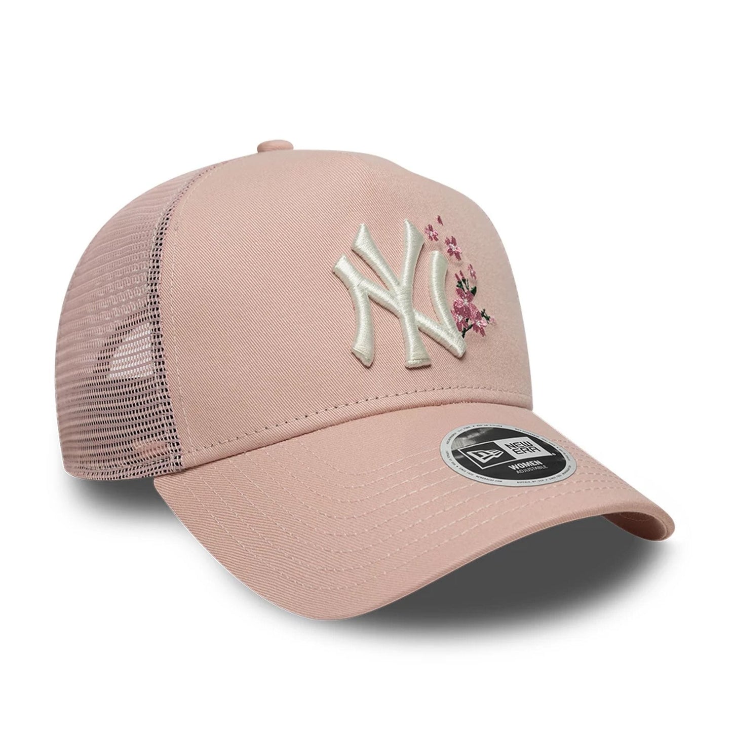 Pictured is this Womens MLB Floral New York Yankees 9FORTY A-Frame Trucker cap in pastel pink. 3
