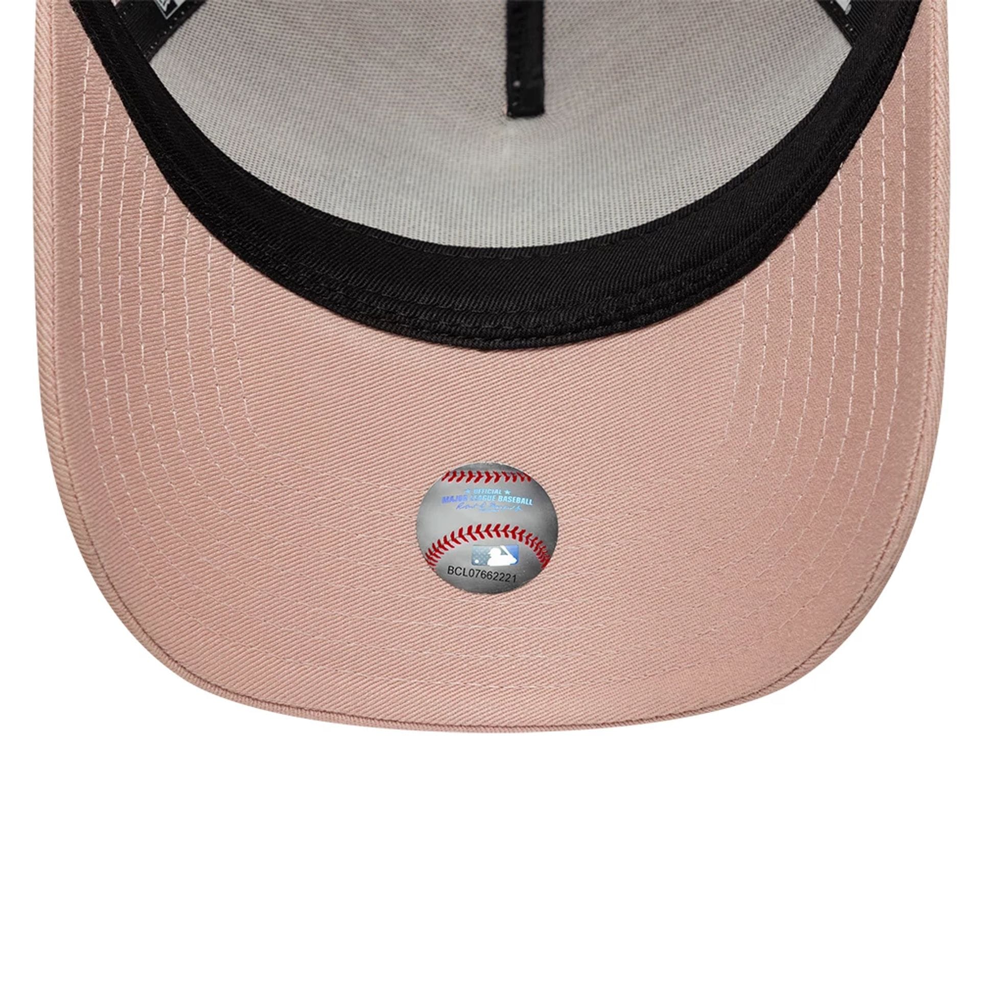 Pictured is this Womens MLB Floral New York Yankees 9FORTY A-Frame Trucker cap in pastel pink. 5