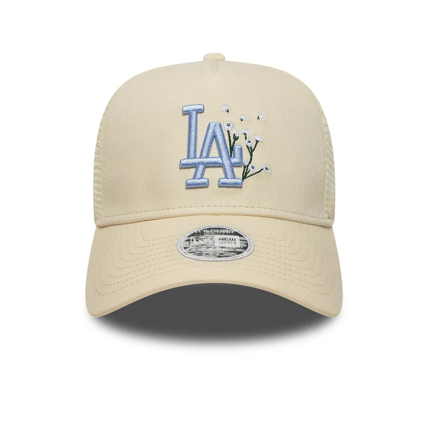 Pictured is this Womens MLB Floral LA Dodgers 9FORTY A-Frame Trucker cap in light beige. 2