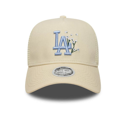 Pictured is this Womens MLB Floral LA Dodgers 9FORTY A-Frame Trucker cap in light beige. 2