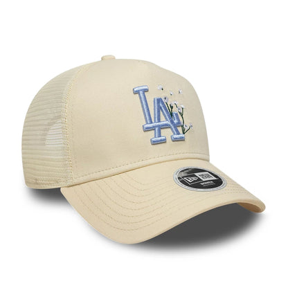 Pictured is this Womens MLB Floral LA Dodgers 9FORTY A-Frame Trucker cap in light beige. 3