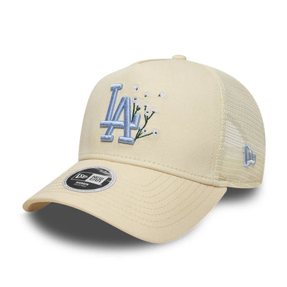 Pictured is this Womens MLB Floral LA Dodgers 9FORTY A-Frame Trucker cap in light beige. 1