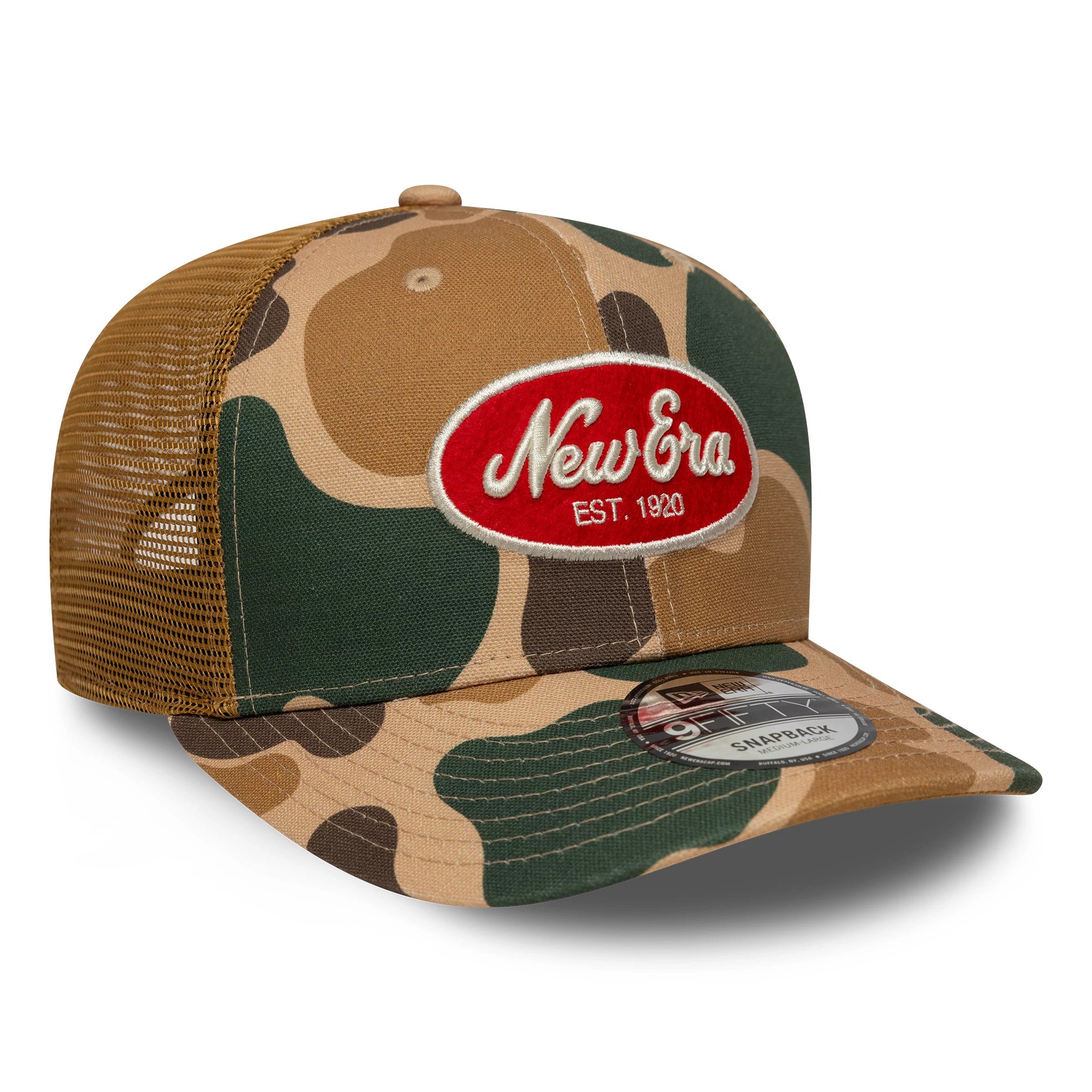 Pictured is this New Era Duck Camo 9FIFTY Snapback cap in beige. 3