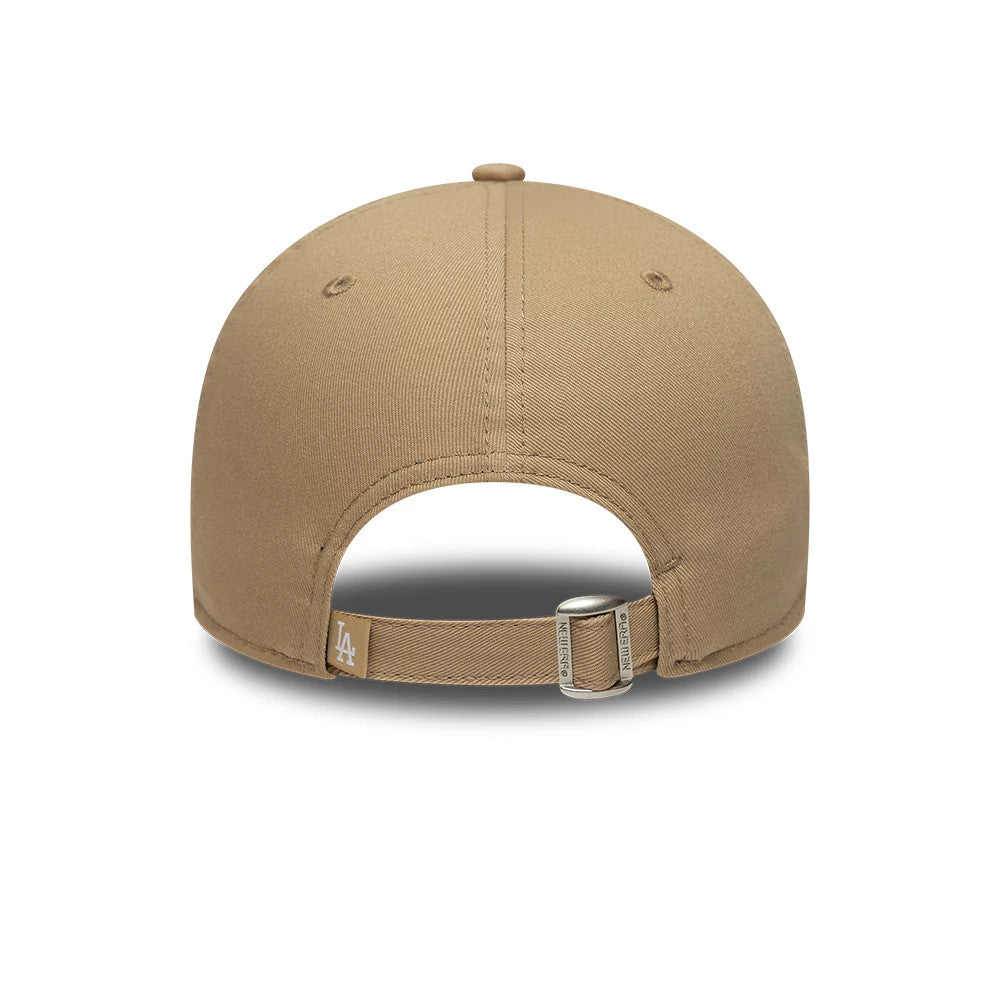 LA Dodgers MLB Icon Beige New Era 9FORTY Adjustable Cap, rear view featuring the white embroidered LA logo on the beige strap, with a silver buckle for adjustment and tone-on-tone eyelets on the beige structured crown.