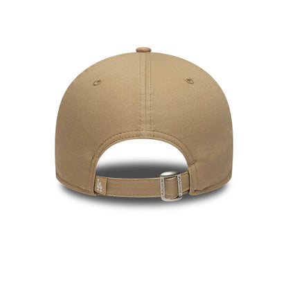 LA Dodgers MLB Icon Beige New Era 9FORTY Adjustable Cap, rear view featuring the white embroidered LA logo on the beige strap, with a silver buckle for adjustment and tone-on-tone eyelets on the beige structured crown.
