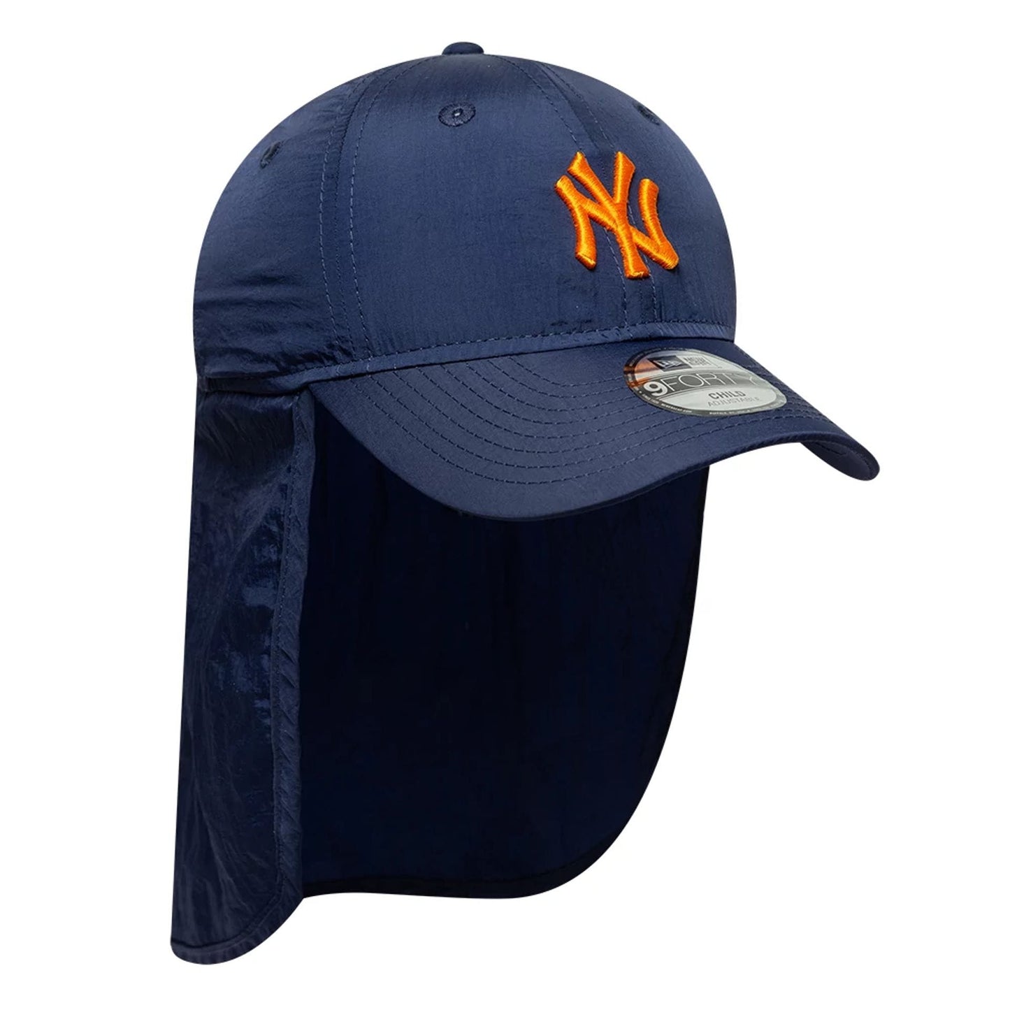 Pictured is this Child MLB Sun Shield New York Yankees 9FORTY cap in navy. 3