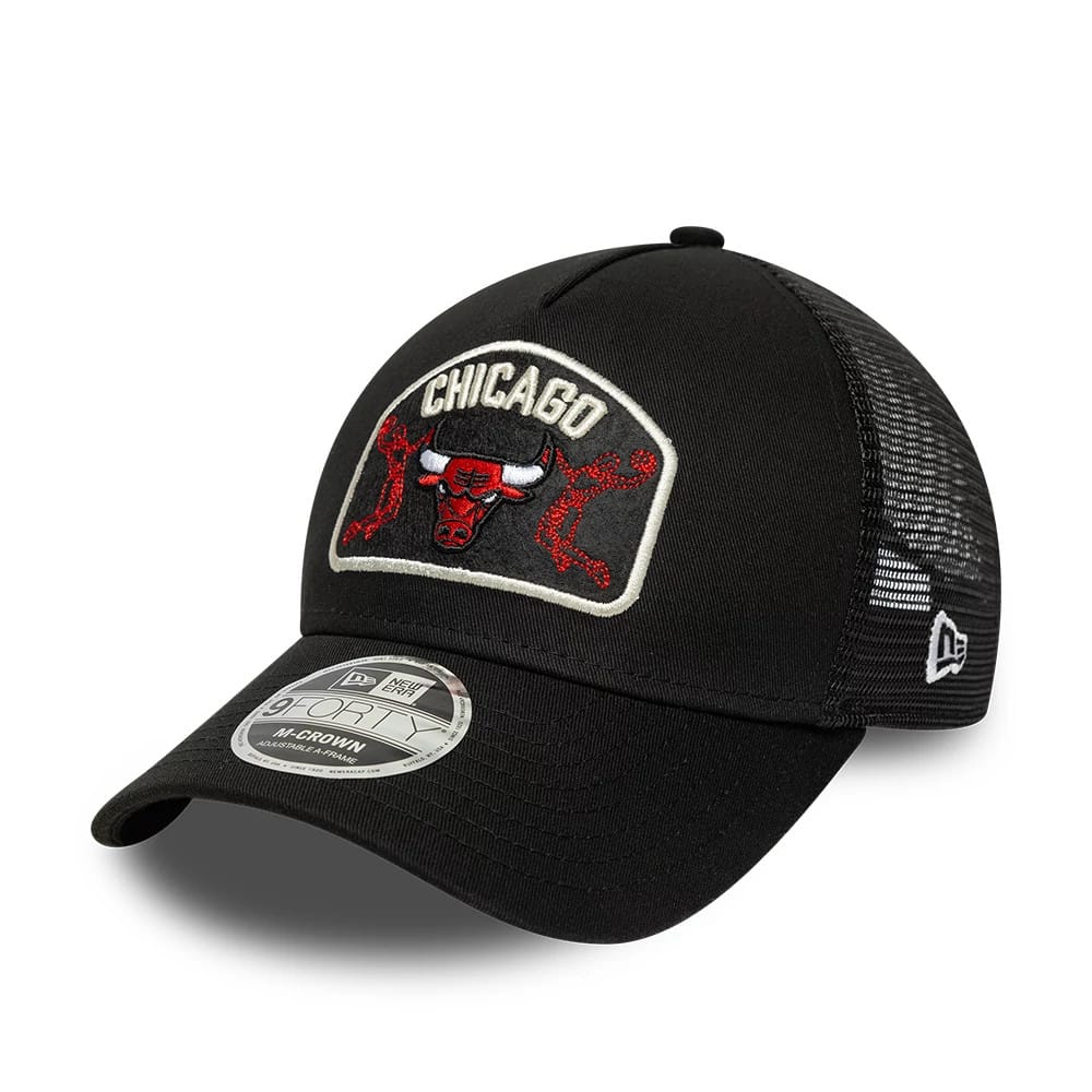 Pictured is this NBA Chicago Bulls 9FORTY M-Crown A-Frame Trucker cap in black. 1