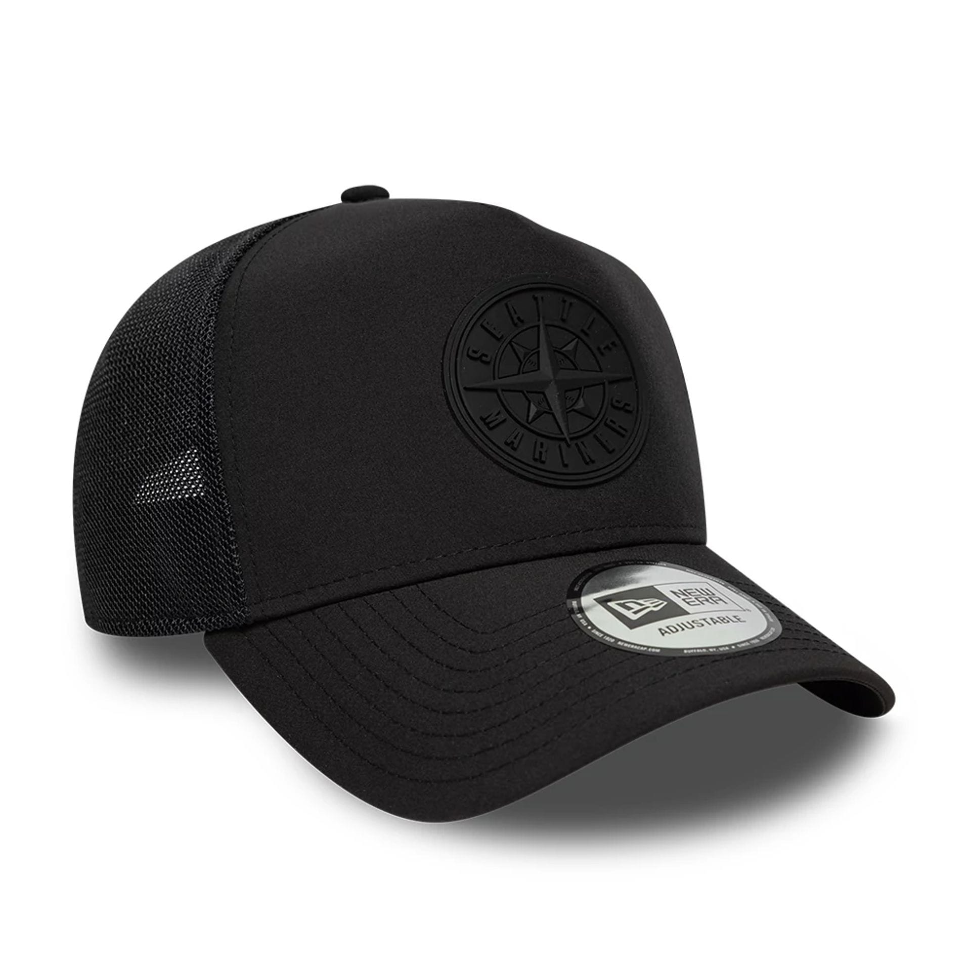Pictured is this MLB Sport Seattle Mariners 9FORTY A-Frame Trucker cap in black. 3