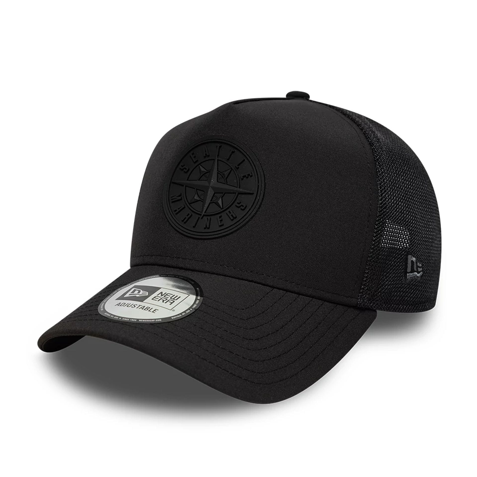 Pictured is this MLB Sport Seattle Mariners 9FORTY A-Frame Trucker cap in black. 1