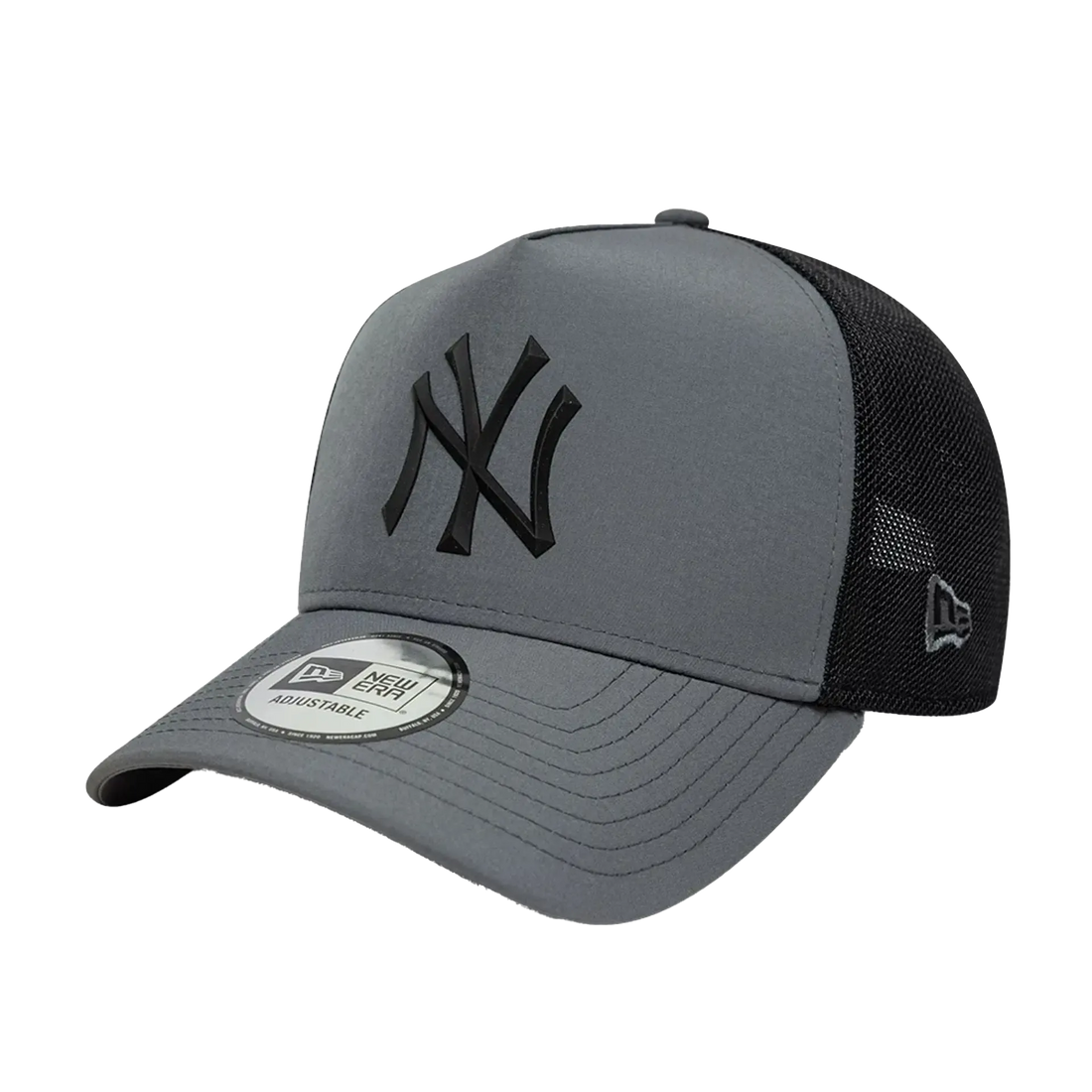 grey new york yankees trucker cap with a black mesh back