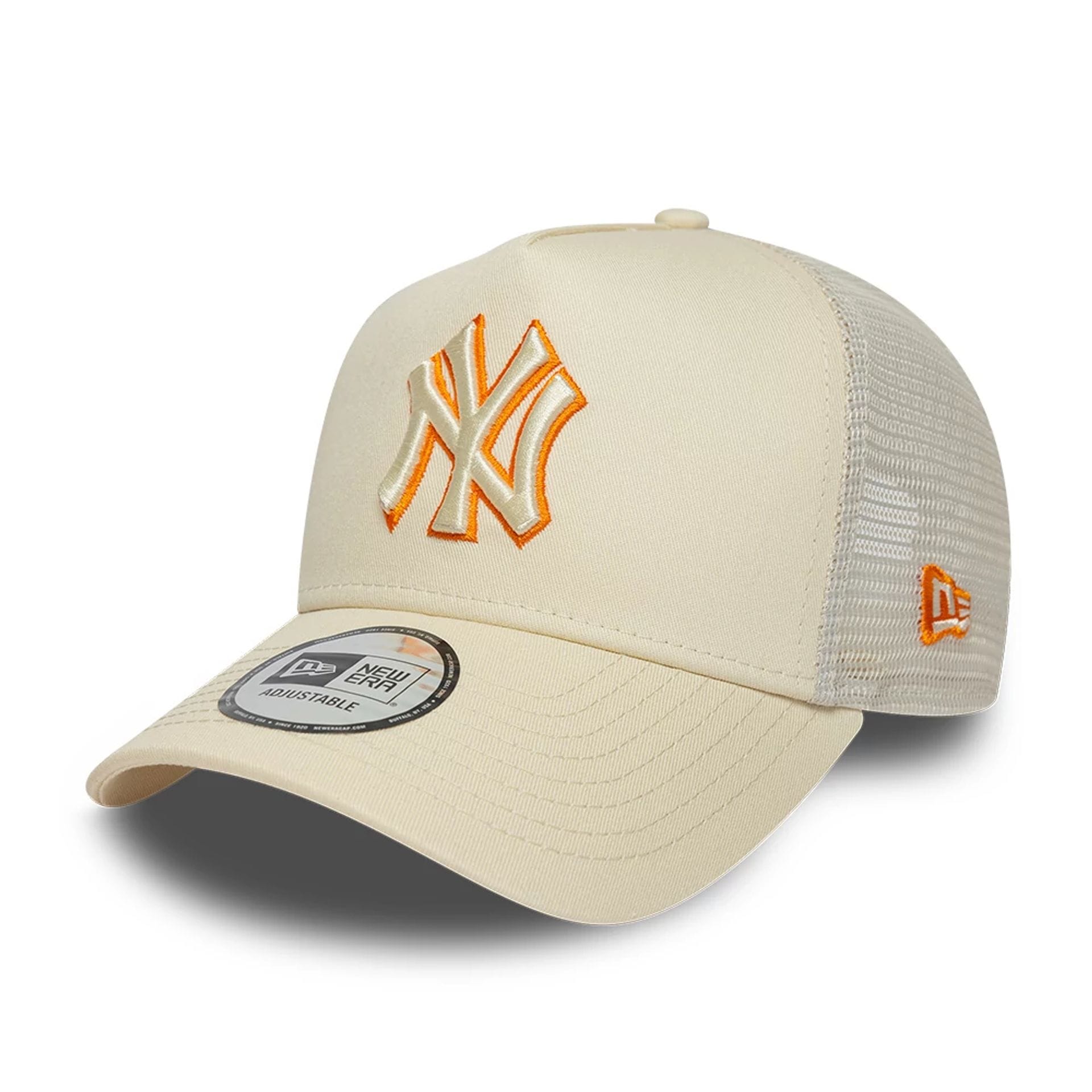 Pictured is this MLB Outline New York Yankees 9FORTY E-Frame Trucker cap in cream. 1