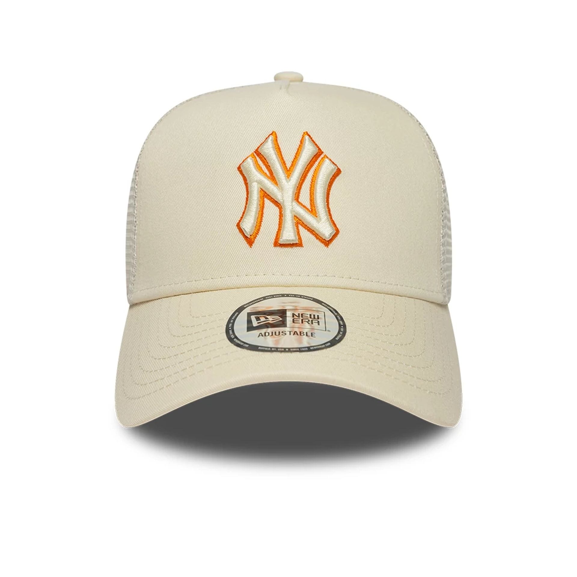 Pictured is this MLB Outline New York Yankees 9FORTY E-Frame Trucker cap in cream. 2