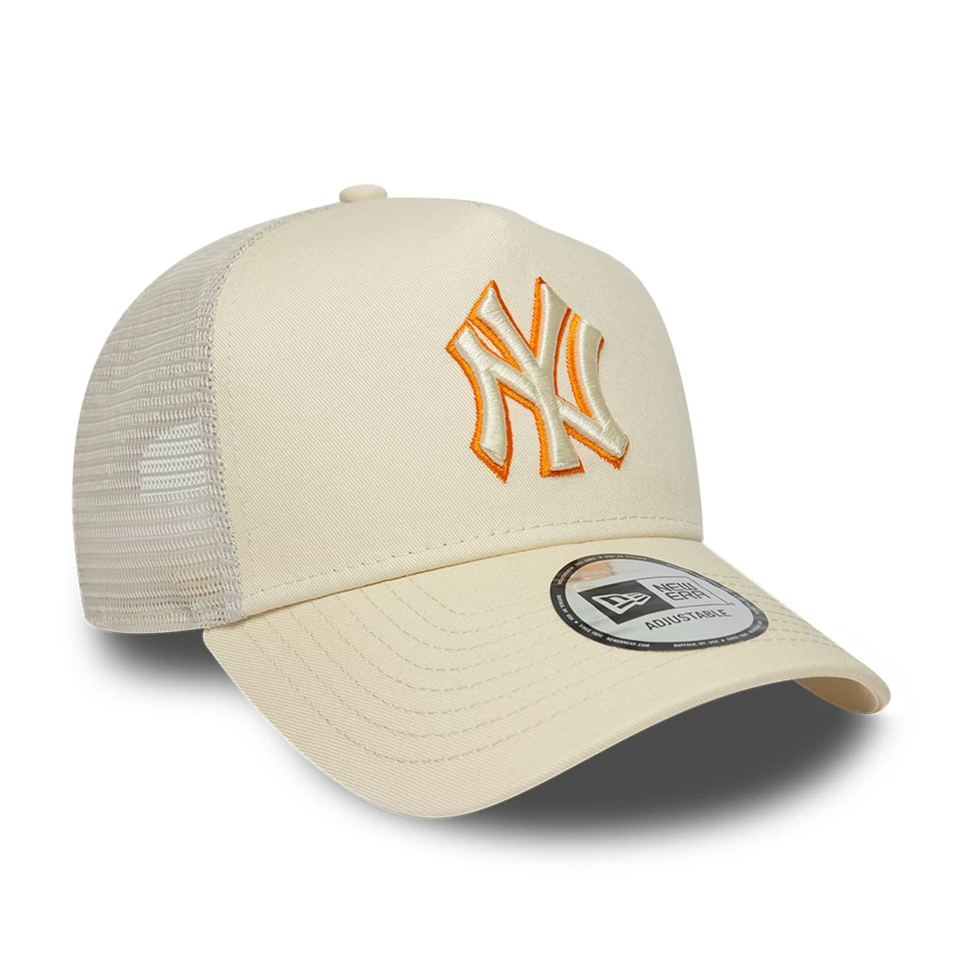 Pictured is this MLB Outline New York Yankees 9FORTY E-Frame Trucker cap in cream. 3