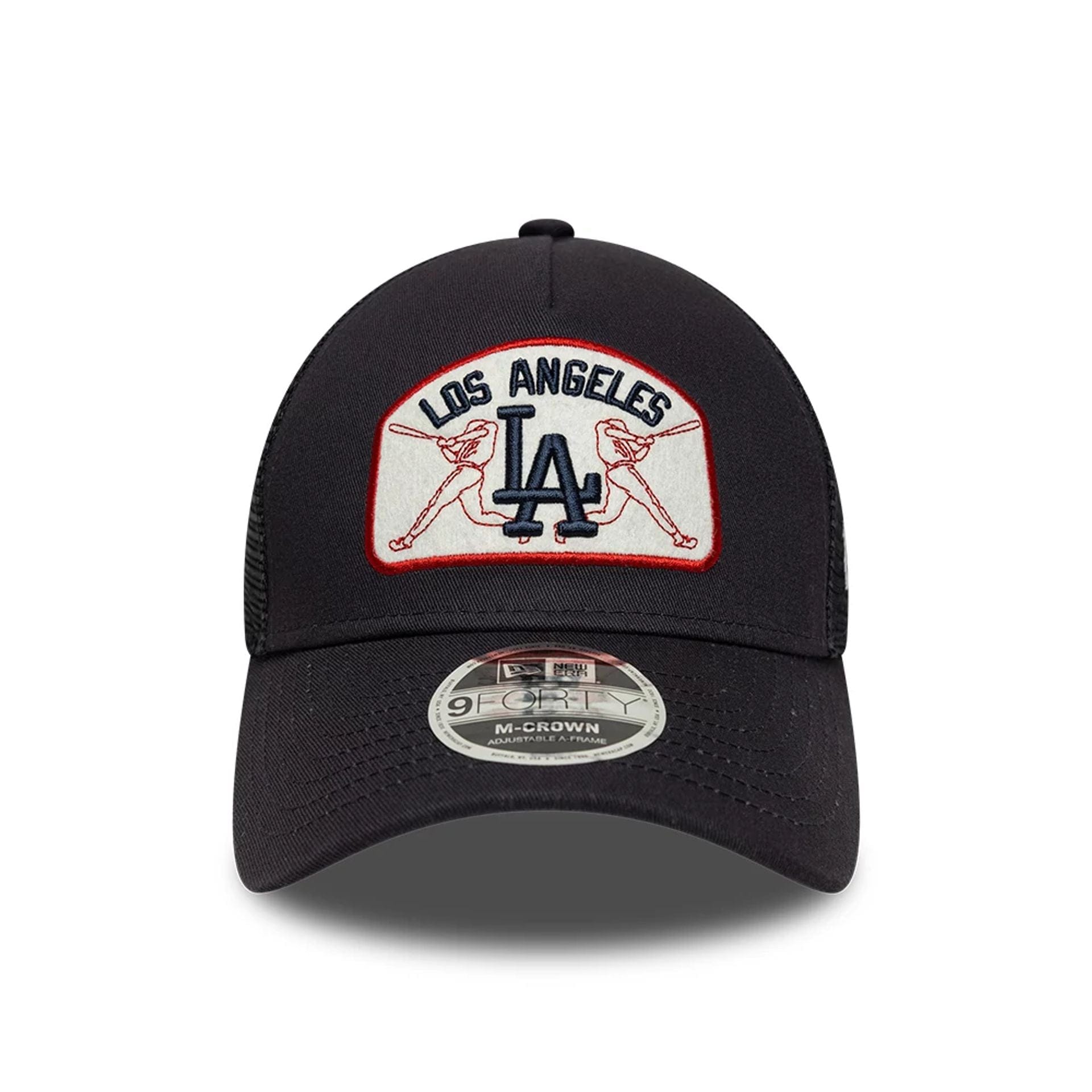 Pictured is this MLB Patch LA Dodgers 9FORTY M-Crown A-Frame Trucker cap in navy. 2