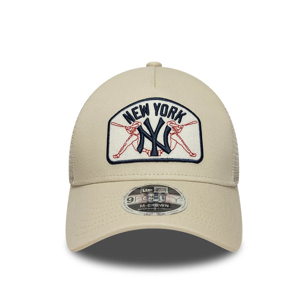 Pictured is this MLB Patch New York Yankees 9FORTY M-Crown A-Frame Trucker cap in Cream. 2