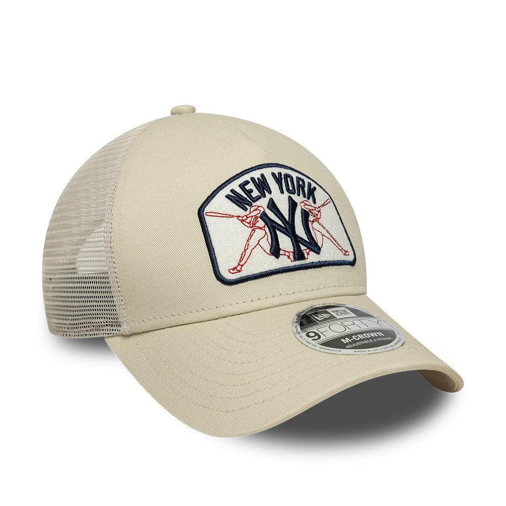 Pictured is this MLB Patch New York Yankees 9FORTY M-Crown A-Frame Trucker cap in Cream. 3