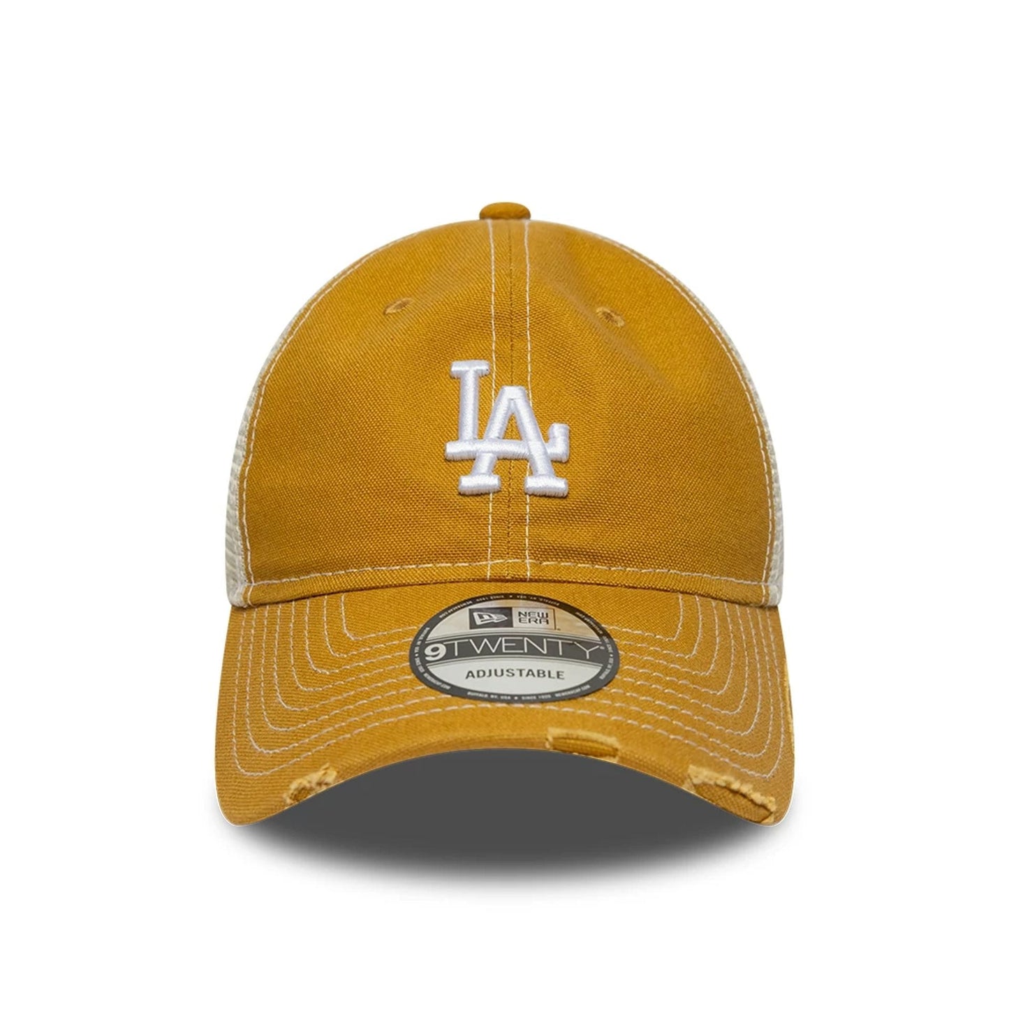 Pictured is this MLB Cotton Canvas LA Dodgers 9TWENTY Trucker cap in beige. 2