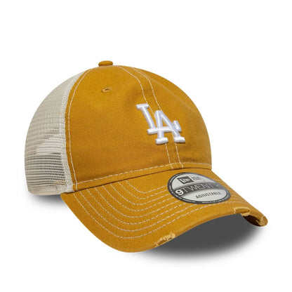 Pictured is this MLB Cotton Canvas LA Dodgers 9TWENTY Trucker cap in beige. 3