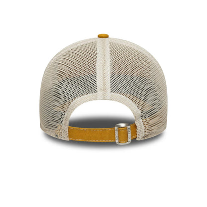 LA Dodgers MLB Cotton Canvas Beige New Era 9TWENTY Trucker Adjustable Cap, rear view showing the beige mesh back panels with a brown cotton strap and silver buckle, and a top button accentuating the retro-inspired structure.