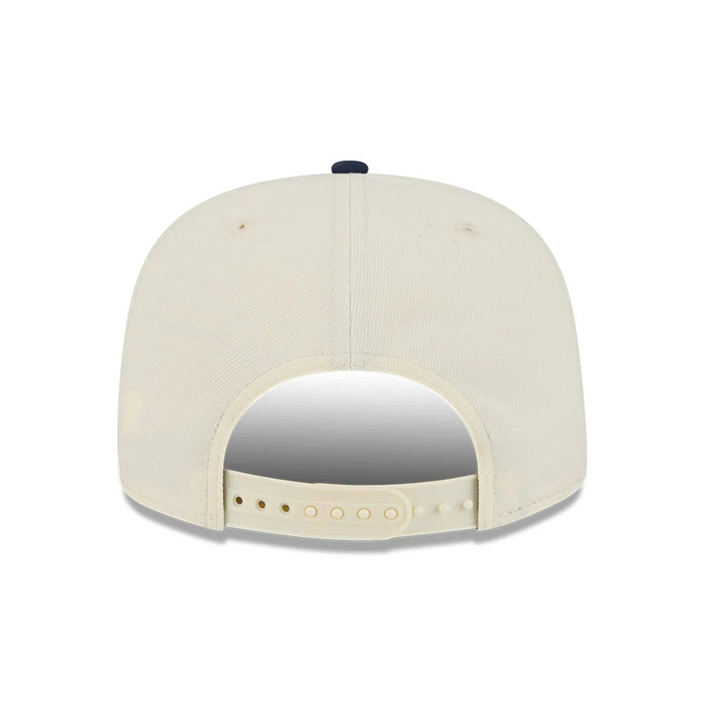 Pelicans NBA Hardwood Classic ASG White New Era 9FIFTY A-Frame Snapback Cap, rear view showing a beige adjustable snap closure with embroidered eyelets on the cream-coloured crown and a dark contrasting top button.