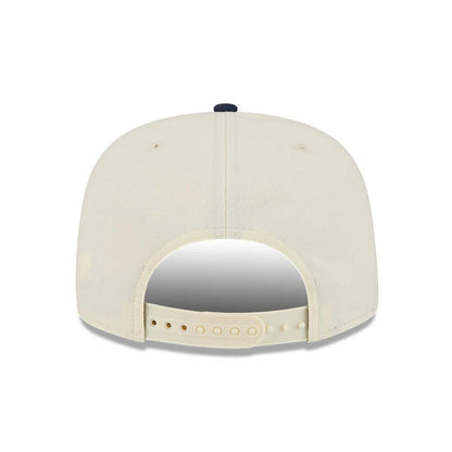 Pelicans NBA Hardwood Classic ASG White New Era 9FIFTY A-Frame Snapback Cap, rear view showing a beige adjustable snap closure with embroidered eyelets on the cream-coloured crown and a dark contrasting top button.
