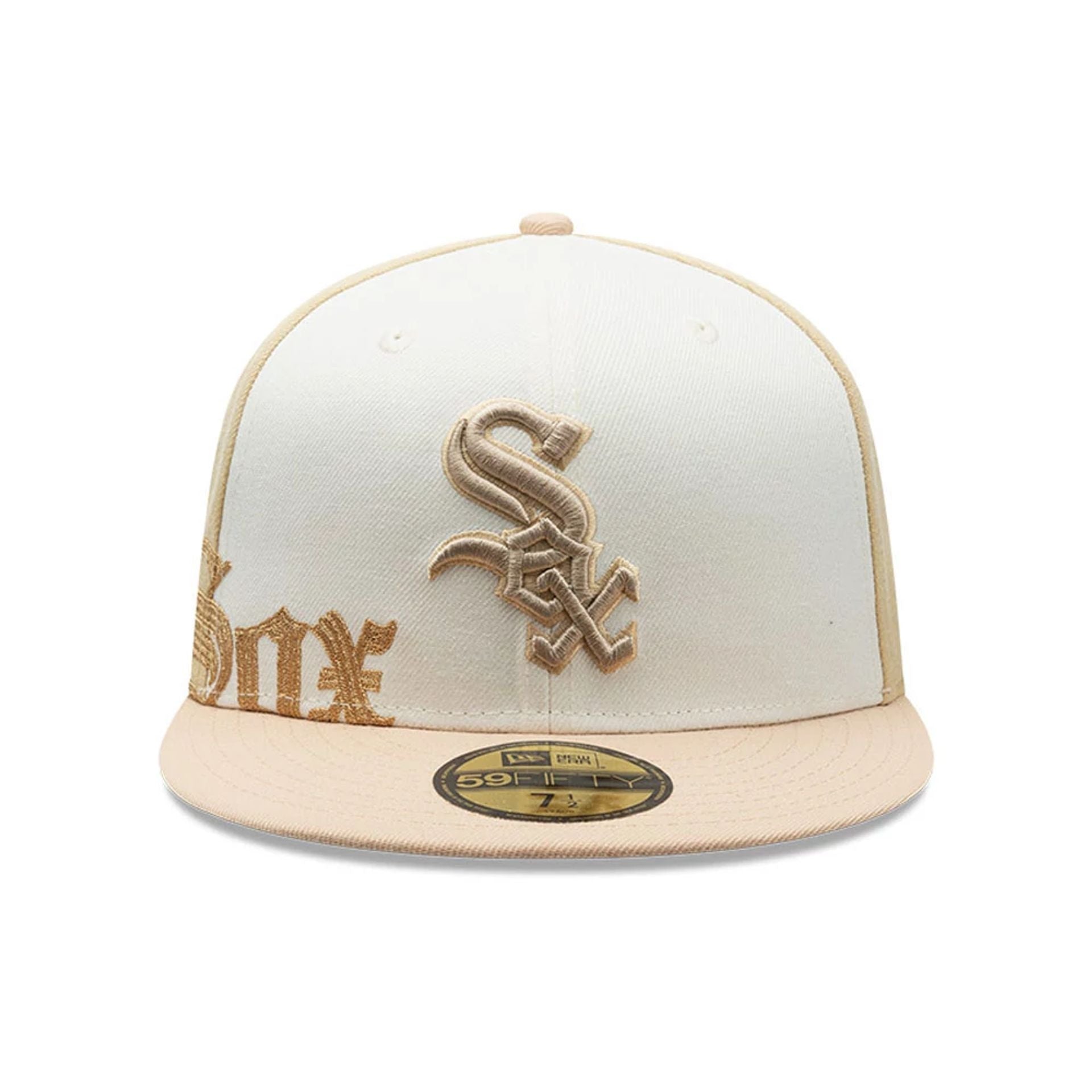 Pictured is this MLB Gothic Script Chicago White Sox 59FIFTY Fitted cap in light beige. 3