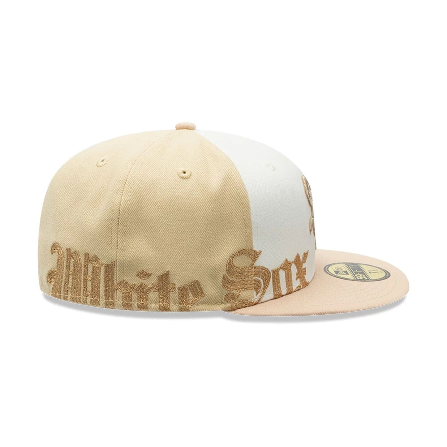 Pictured is this MLB Gothic Script Chicago White Sox 59FIFTY Fitted cap in light beige. 4