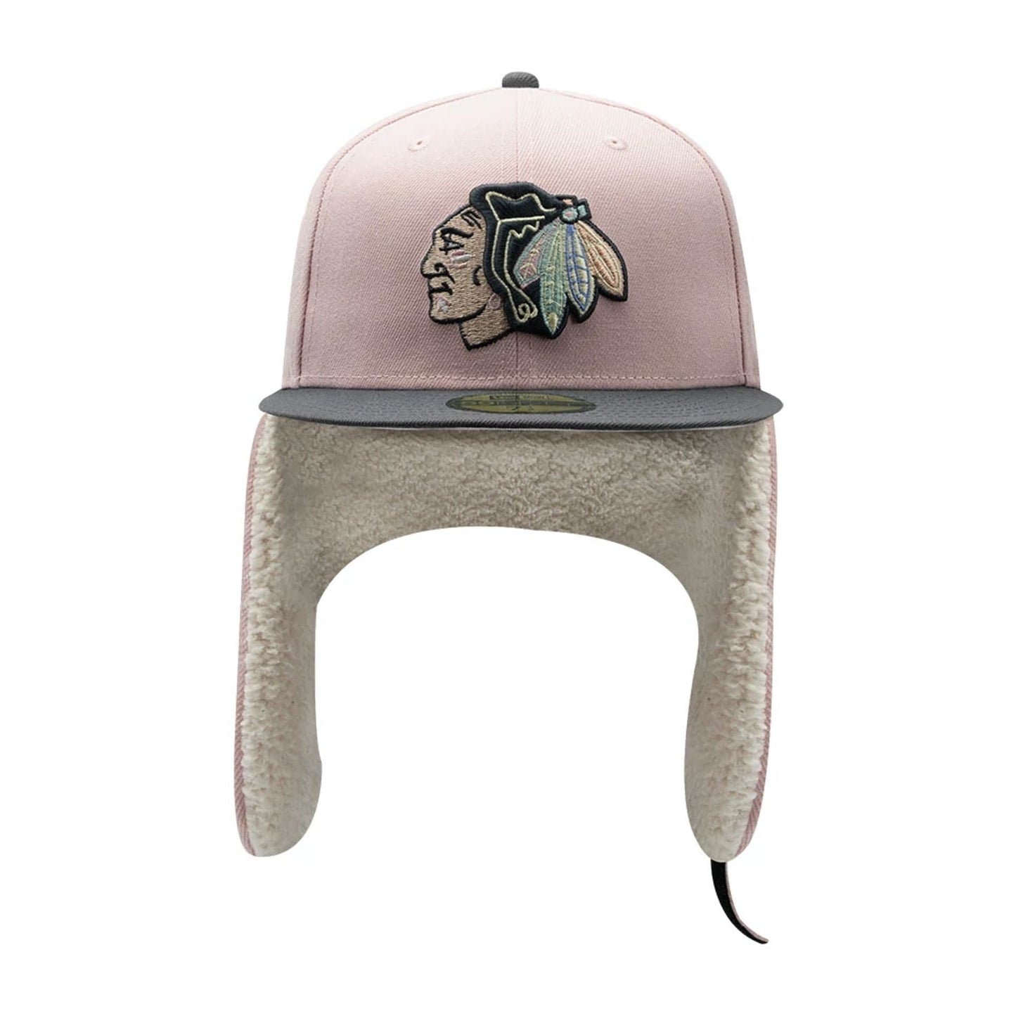 Pictured is this NHL Patch Chicago Blackhawks Dogear 59FIFTY Fitted cap in pastel pink. 7