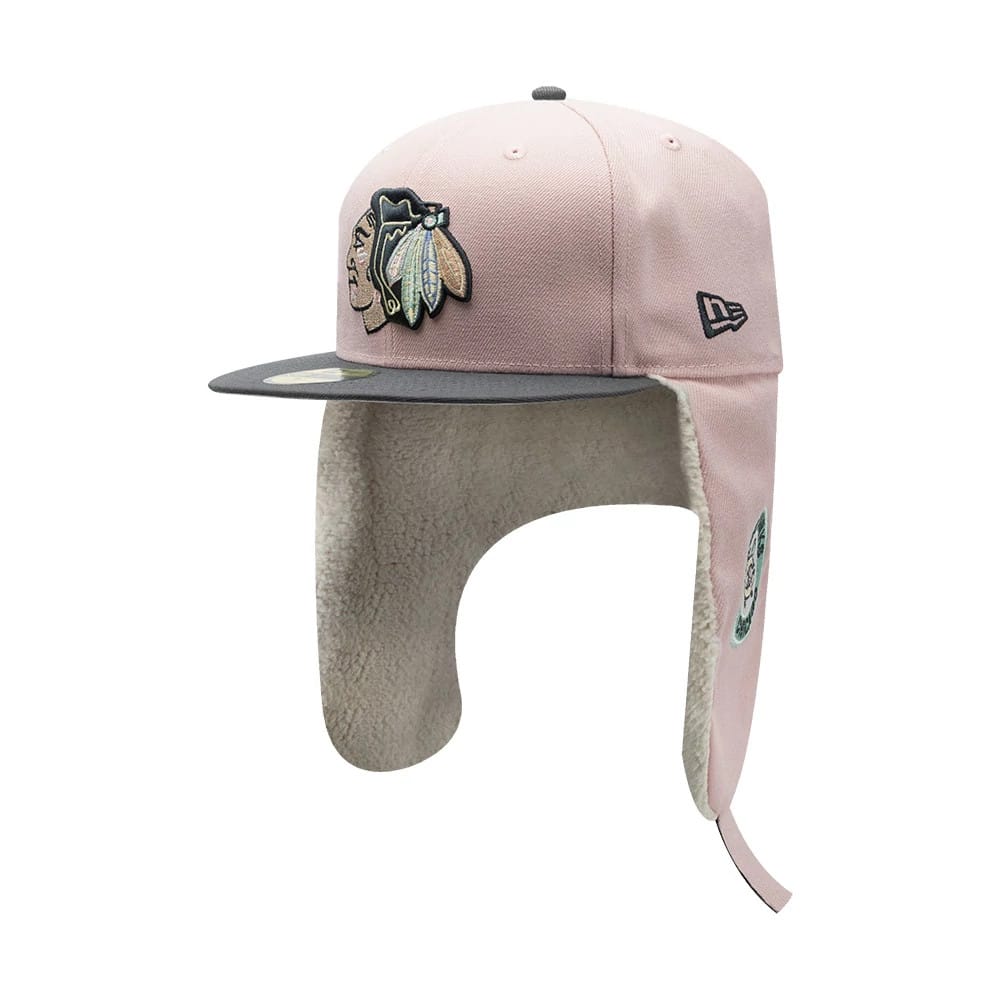 Pictured is this NHL Patch Chicago Blackhawks Dogear 59FIFTY Fitted cap in pastel pink. 8