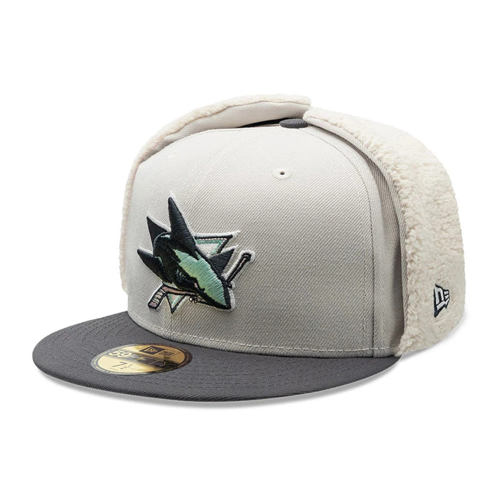 Pictured is this NHL Patch San Jose Sharks Dogear 59FIFTY Fitted cap in light beige. 4